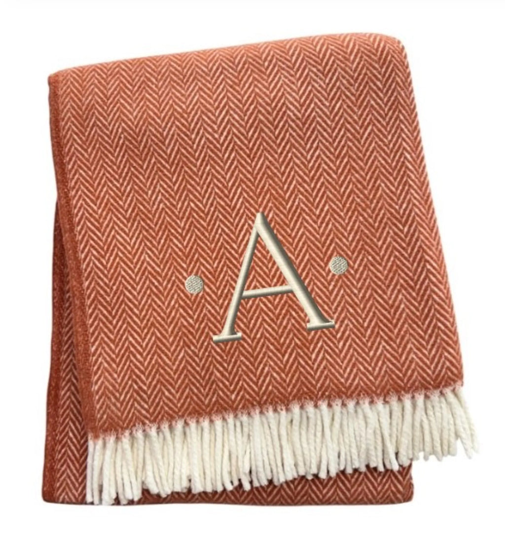Herringbone Cotton Blend A Initial Throw Blanket with Tassels And Embroidery — view 3