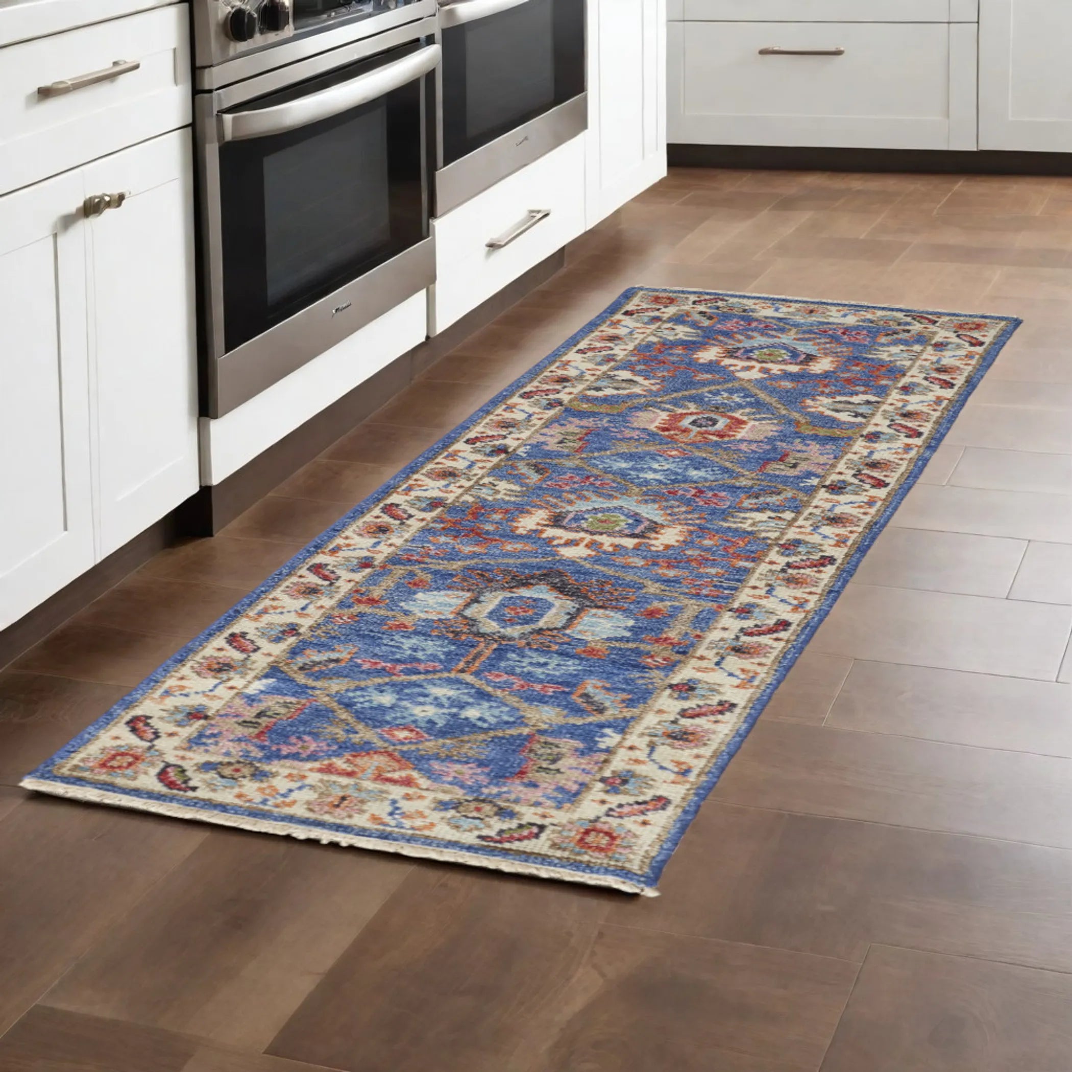 8′ Blue and Beige Wool Floral Hand Knotted Runner Rug With Fringe
