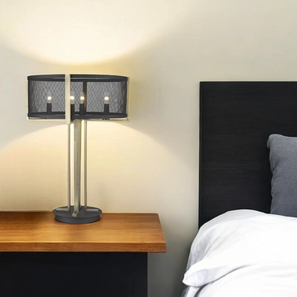 25″ Brass Metal Four Light Geometric Table Lamp With Black Drum Shade