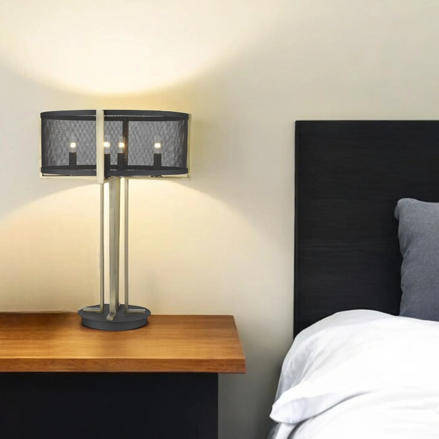 25″ Brass Metal Four Light Geometric Table Lamp With Black Drum Shade
