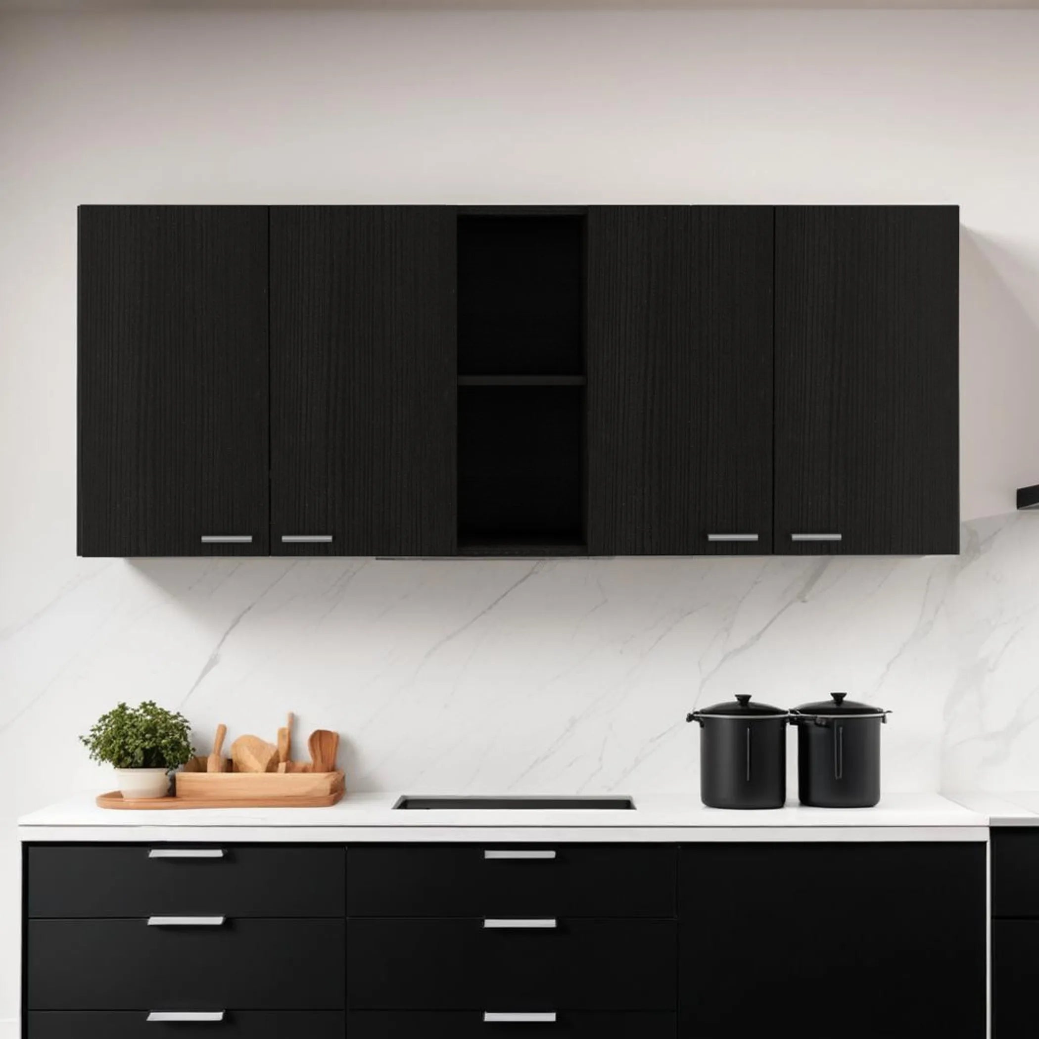 59″ Black Wood Wall mounted Accent Cabinet With Five Shelves