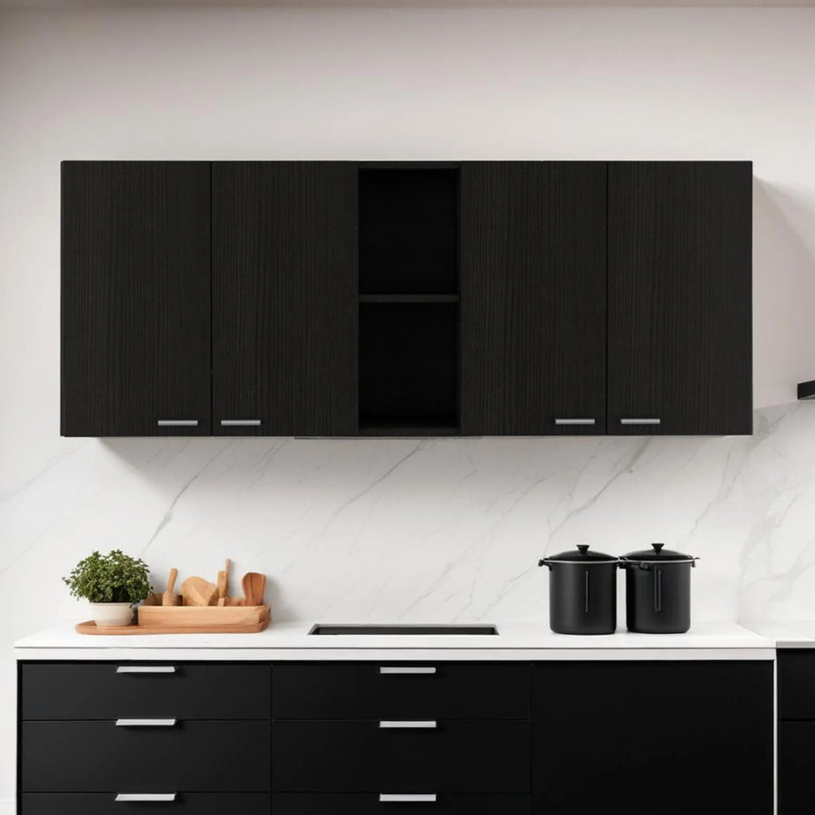 59″ Black Wood Wall mounted Accent Cabinet With Five Shelves