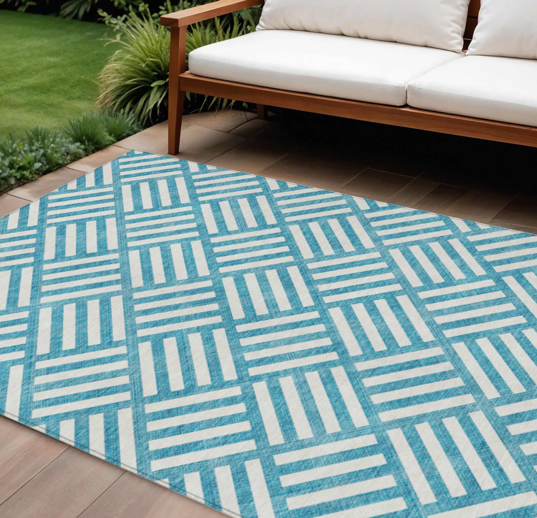 9′ X 12′ Teal Blue And Ivory Geometric Washable Indoor Outdoor Area Rug