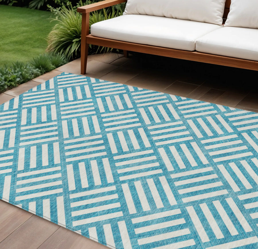 9′ X 12′ Teal Blue And Ivory Geometric Washable Indoor Outdoor Area Rug