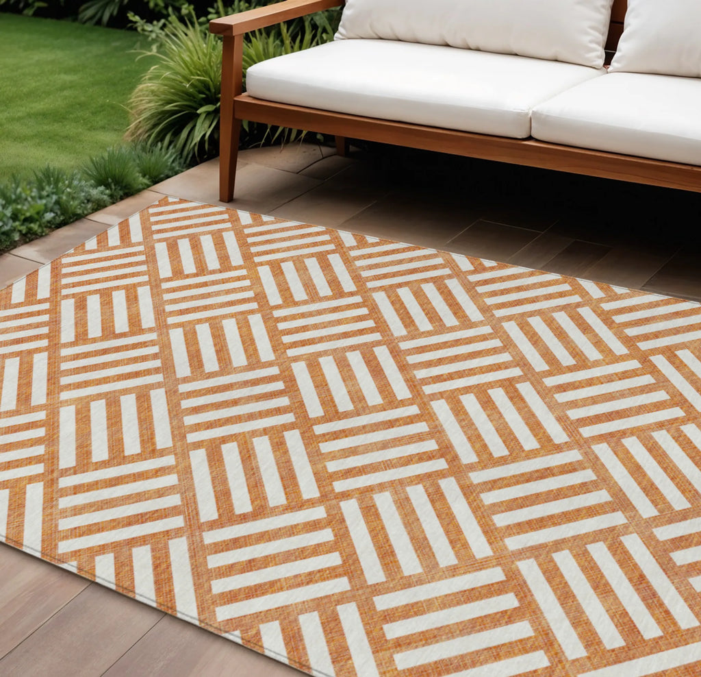 9′ X 12′ Orange And Ivory Geometric Washable Indoor Outdoor Area Rug
