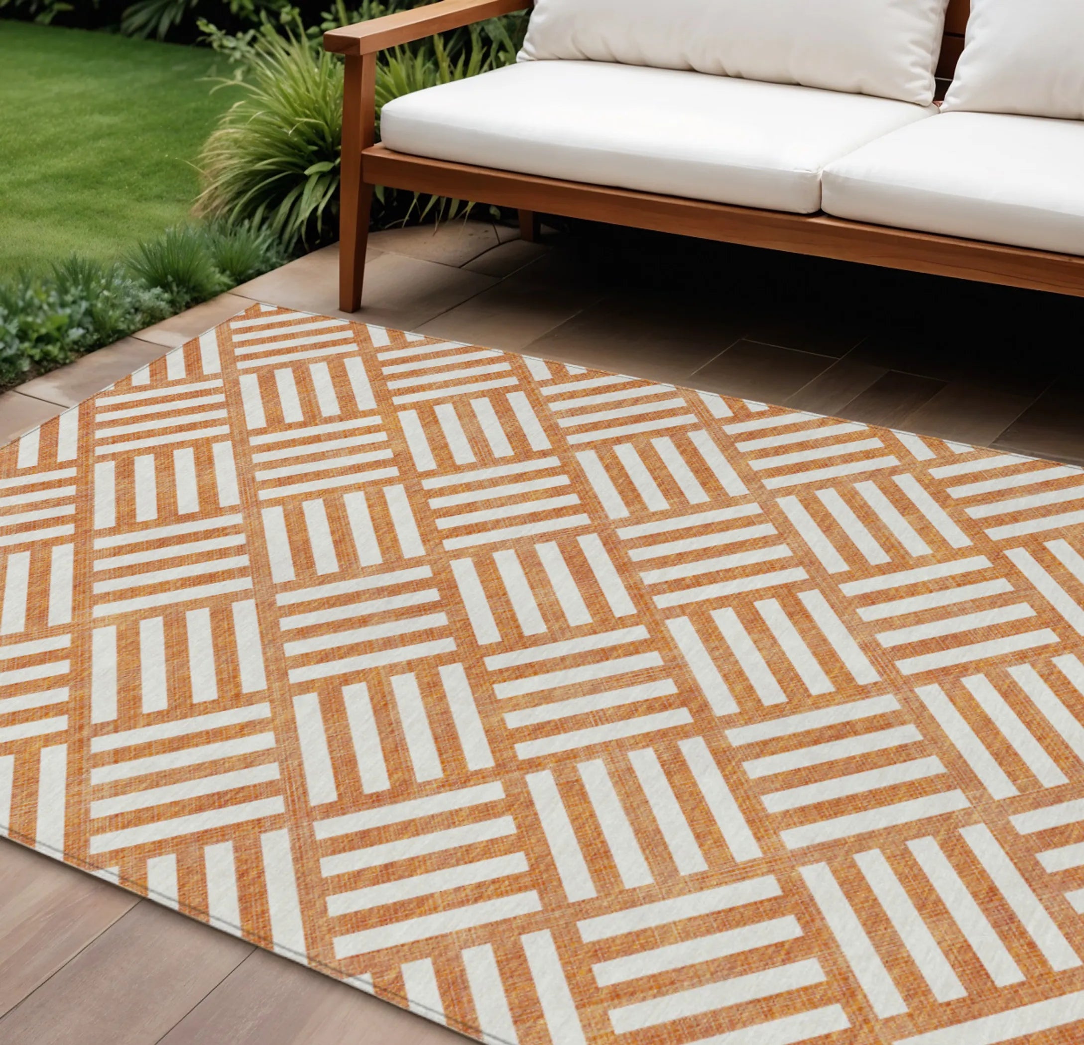 9′ X 12′ Orange And Ivory Geometric Washable Indoor Outdoor Area Rug