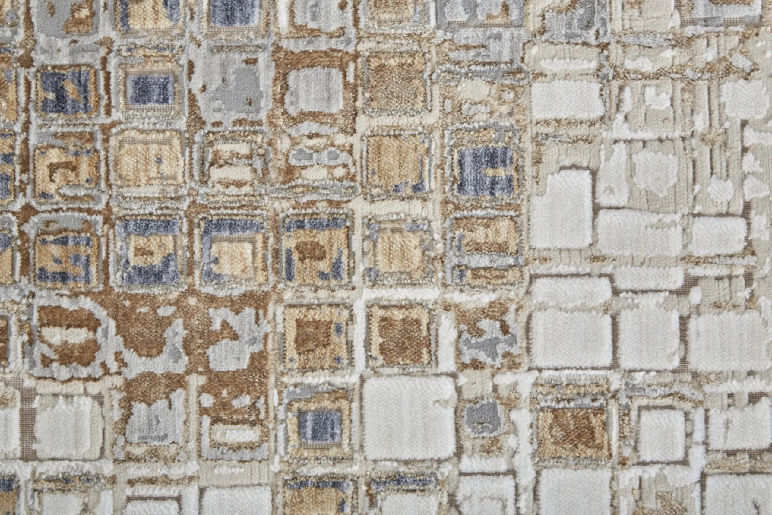 10′ Tan Ivory And Blue Geometric Power Loom Distressed Runner Rug — view 3