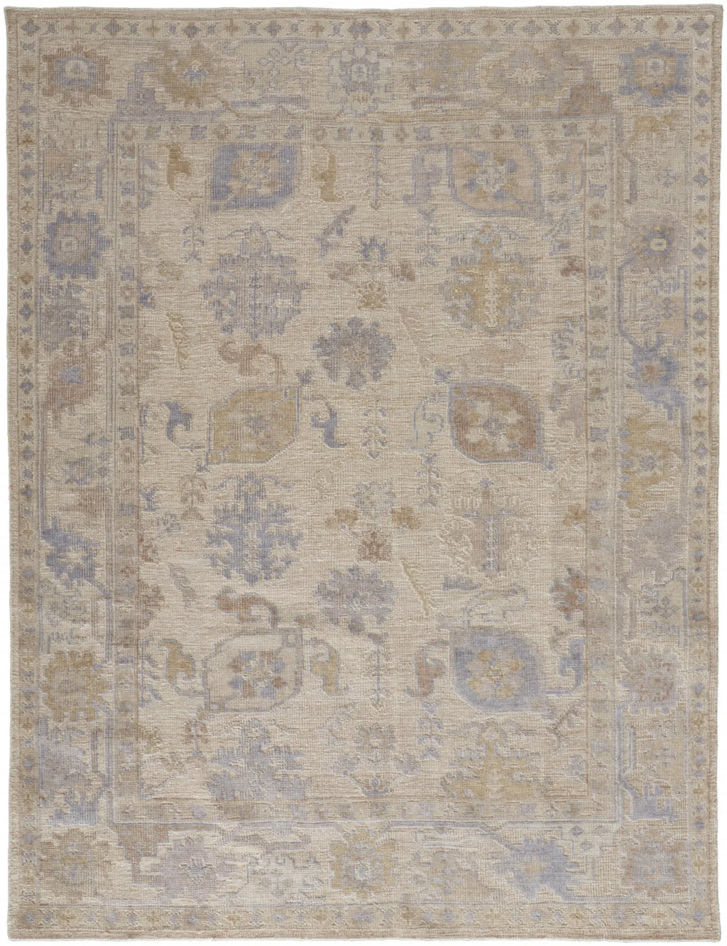 5′ X 8′ Tan Orange And Blue Floral Hand Knotted Stain Resistant Area Rug