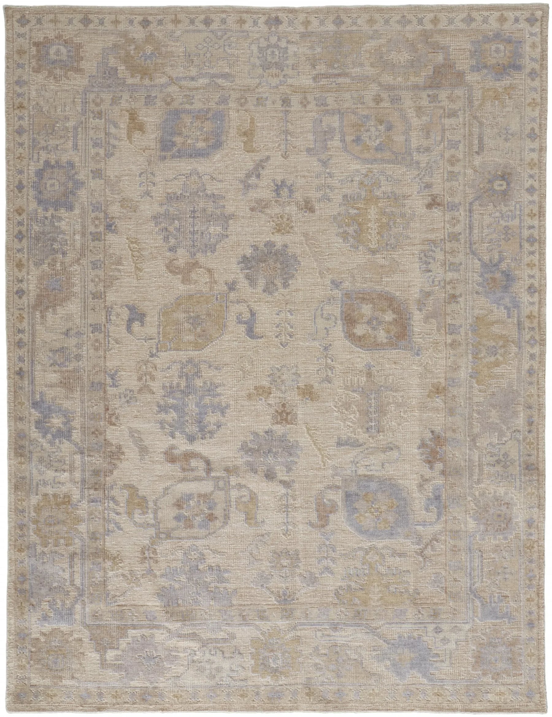 5′ X 8′ Tan Orange And Blue Floral Hand Knotted Stain Resistant Area Rug