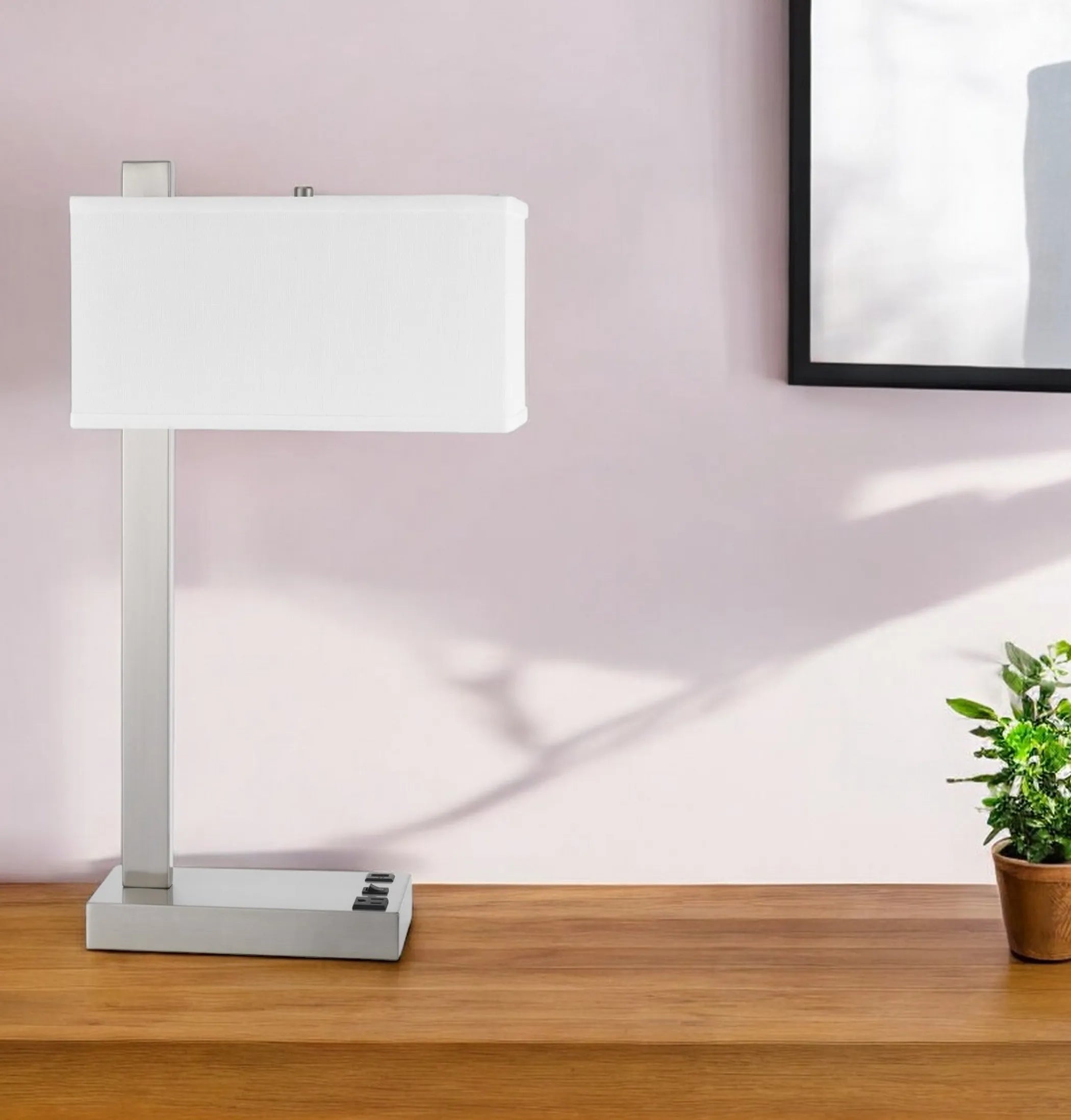 25″ Nickel Metal Desk USB Table Lamp With White Shade