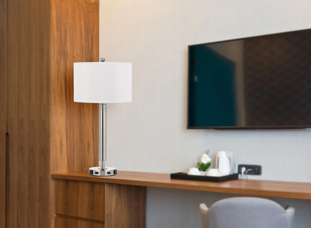 30″ Nickel Metal Cylinder USB Table Lamp With White Drum Shade — view 4