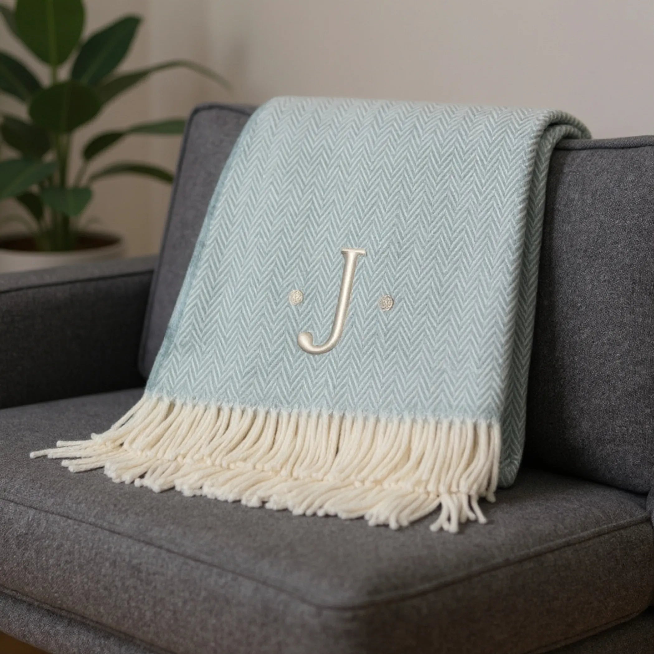 Herringbone Cotton Blend J Throw Blanket with Tassels And Embroidery — view 2