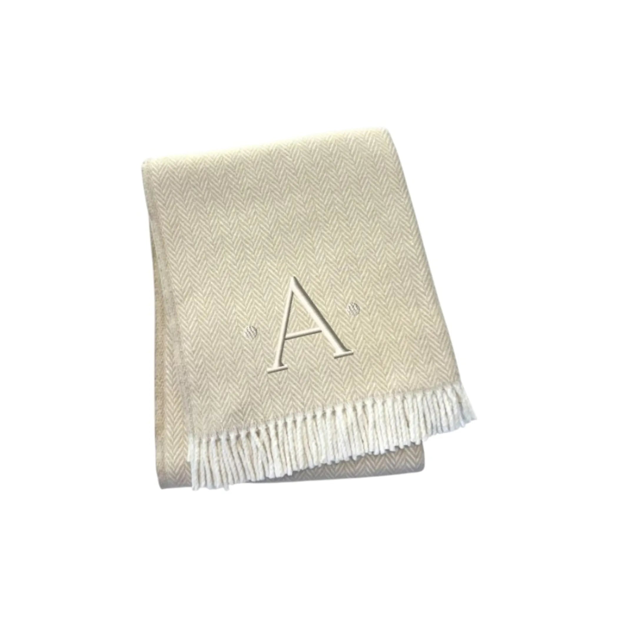 Herringbone Cotton Blend A Initial Throw Blanket with Tassels And Embroidery