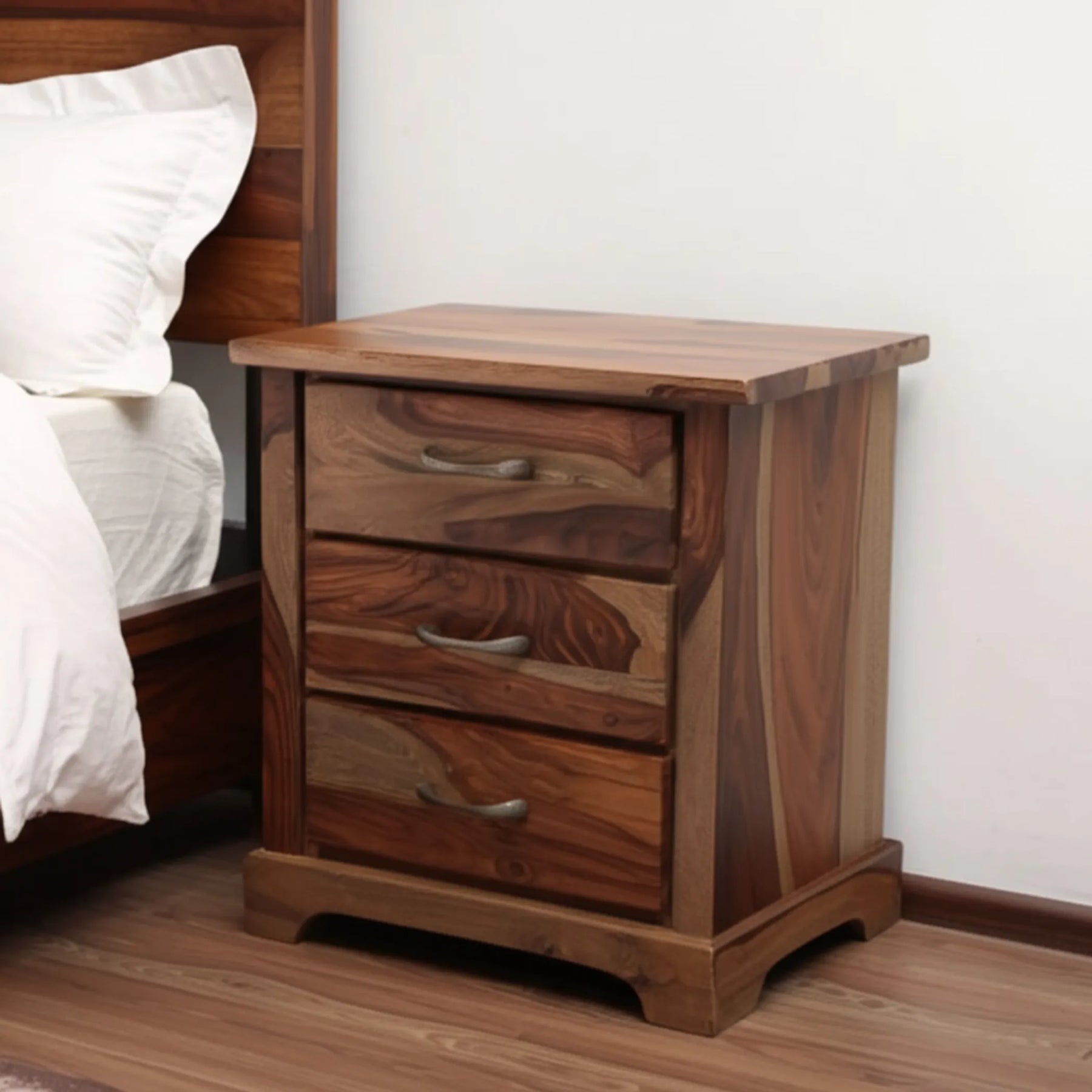 27″ Brown Solid Wood Live Edge Three Drawer Nightstand — view 2
