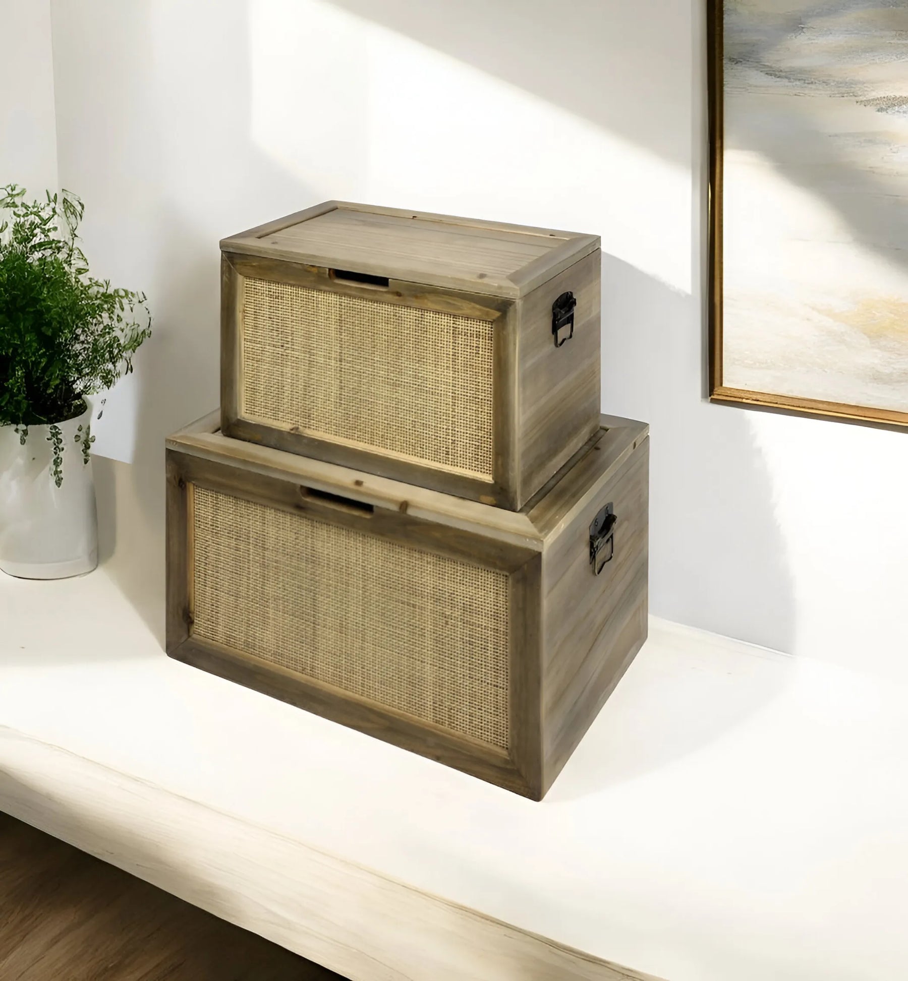 Set Of Two Brown and Natural Wood And Cane Storage Boxes — view 2