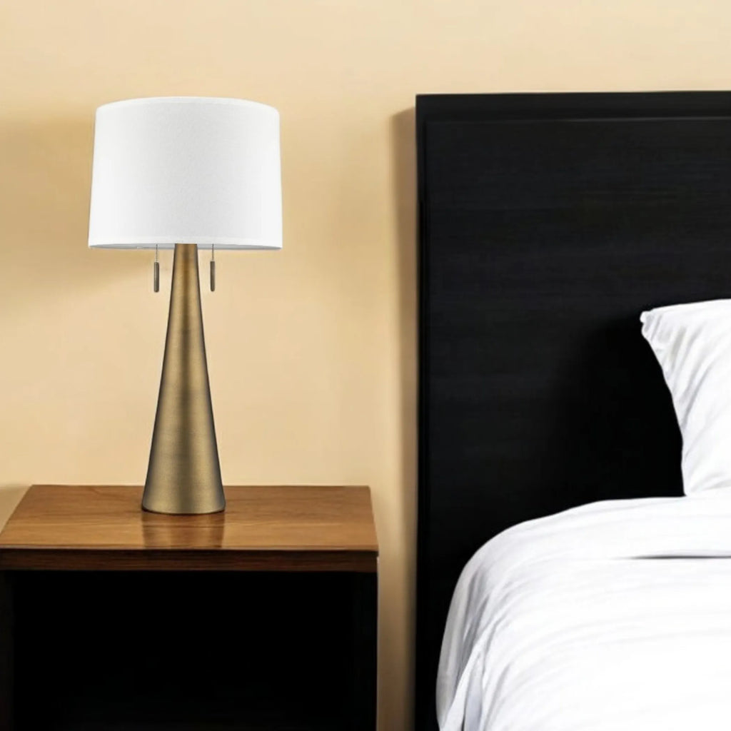 34″ Brass Metal Two Light Table Lamp With White Empire Shade