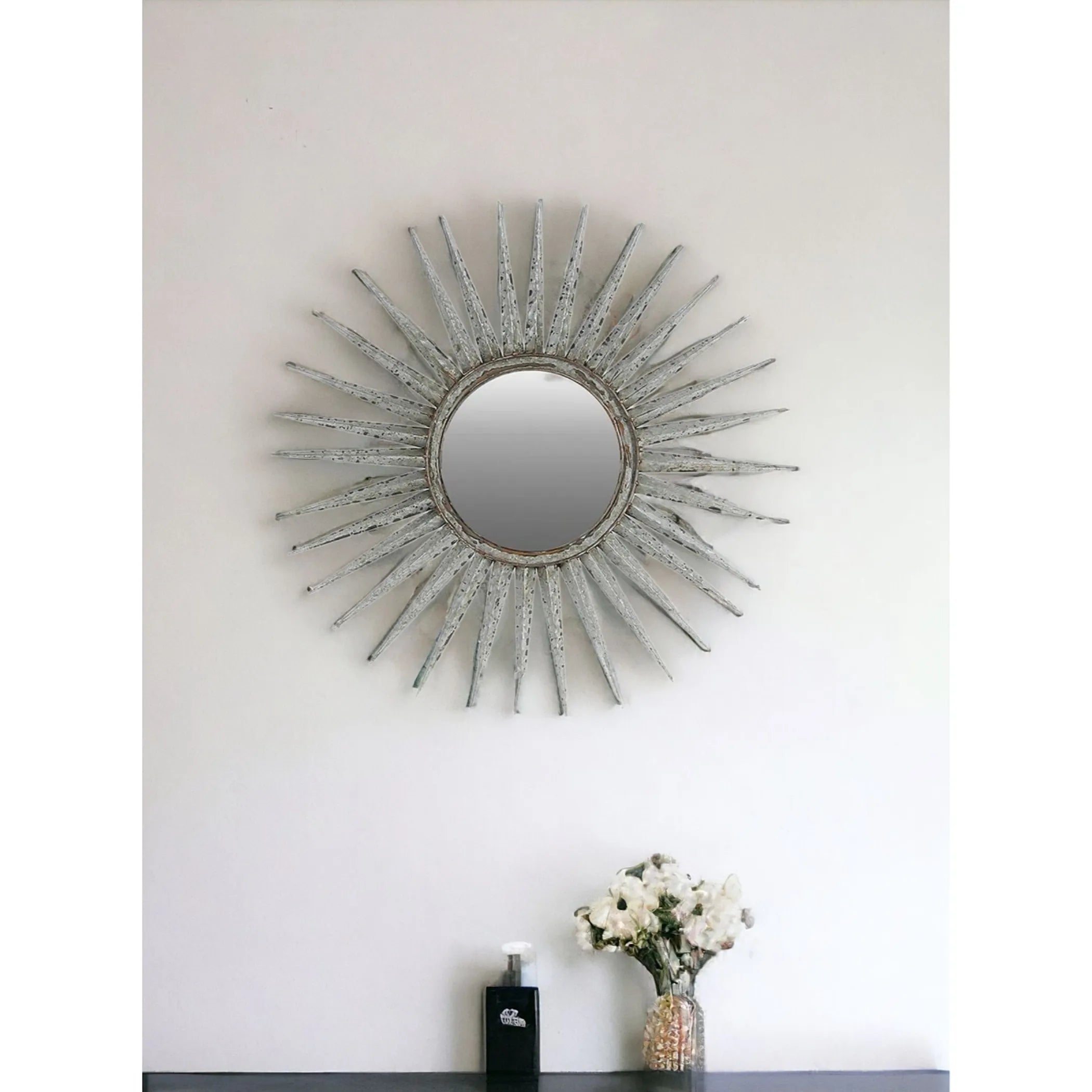 30″ Antiqued Silver Gray Sunburst Wall Mounted Accent Mirror