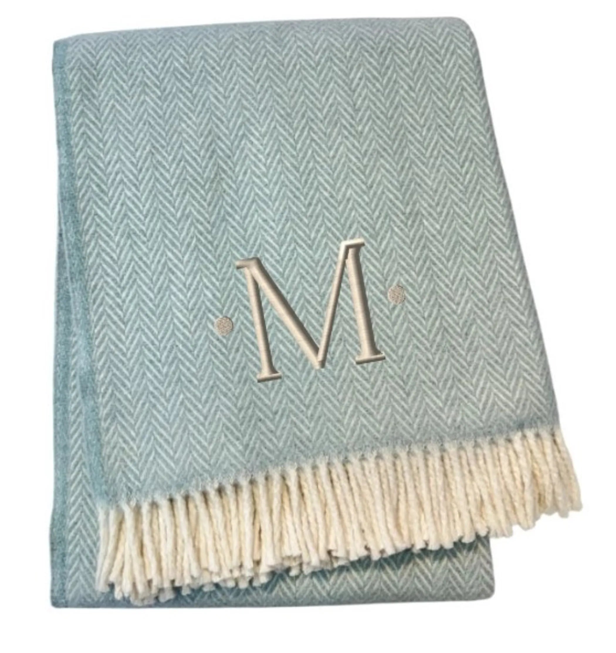 Herringbone Cotton Blend M Initial Throw Blanket with Tassels And Embroidery — view 3