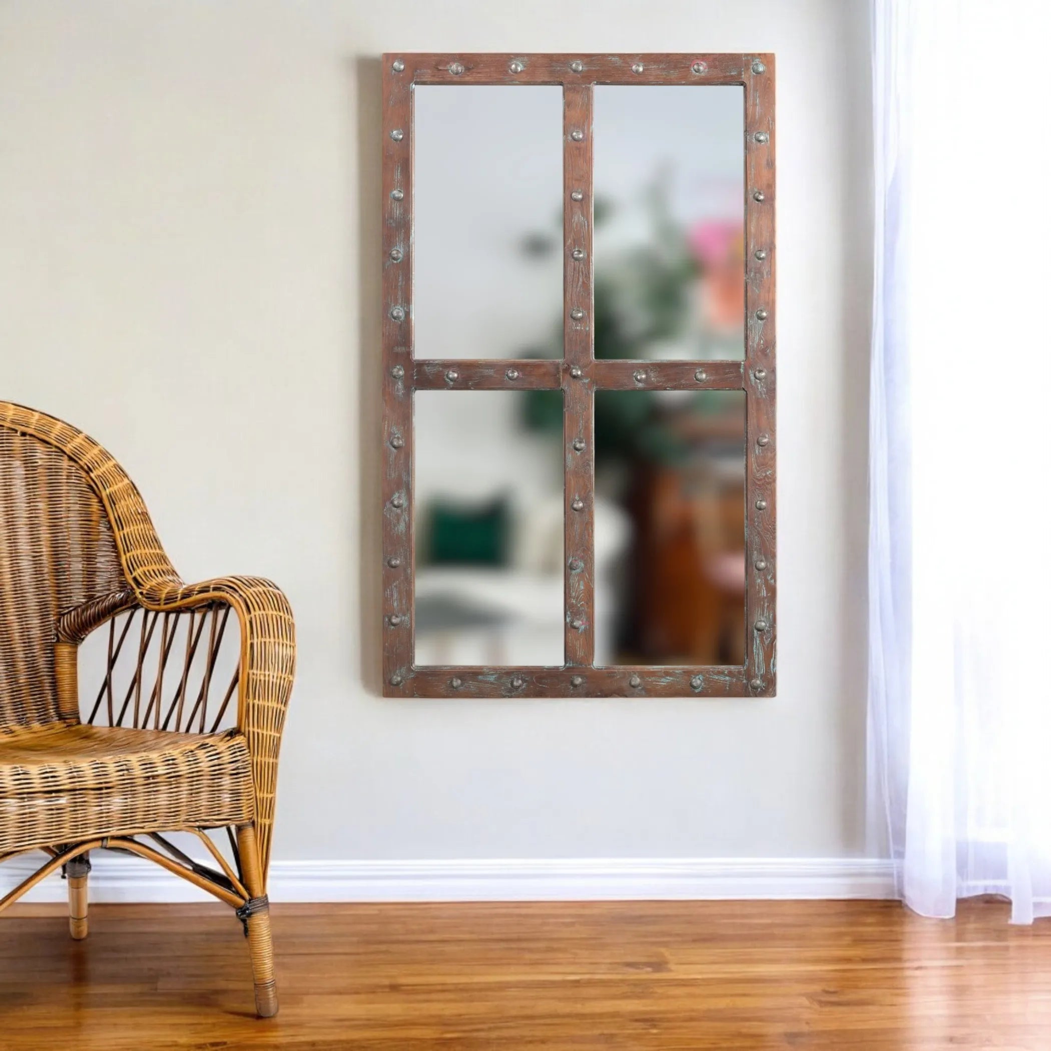 60″ Wood Brown Rustic Solid Wood Window Pane Framed Accent Mirror