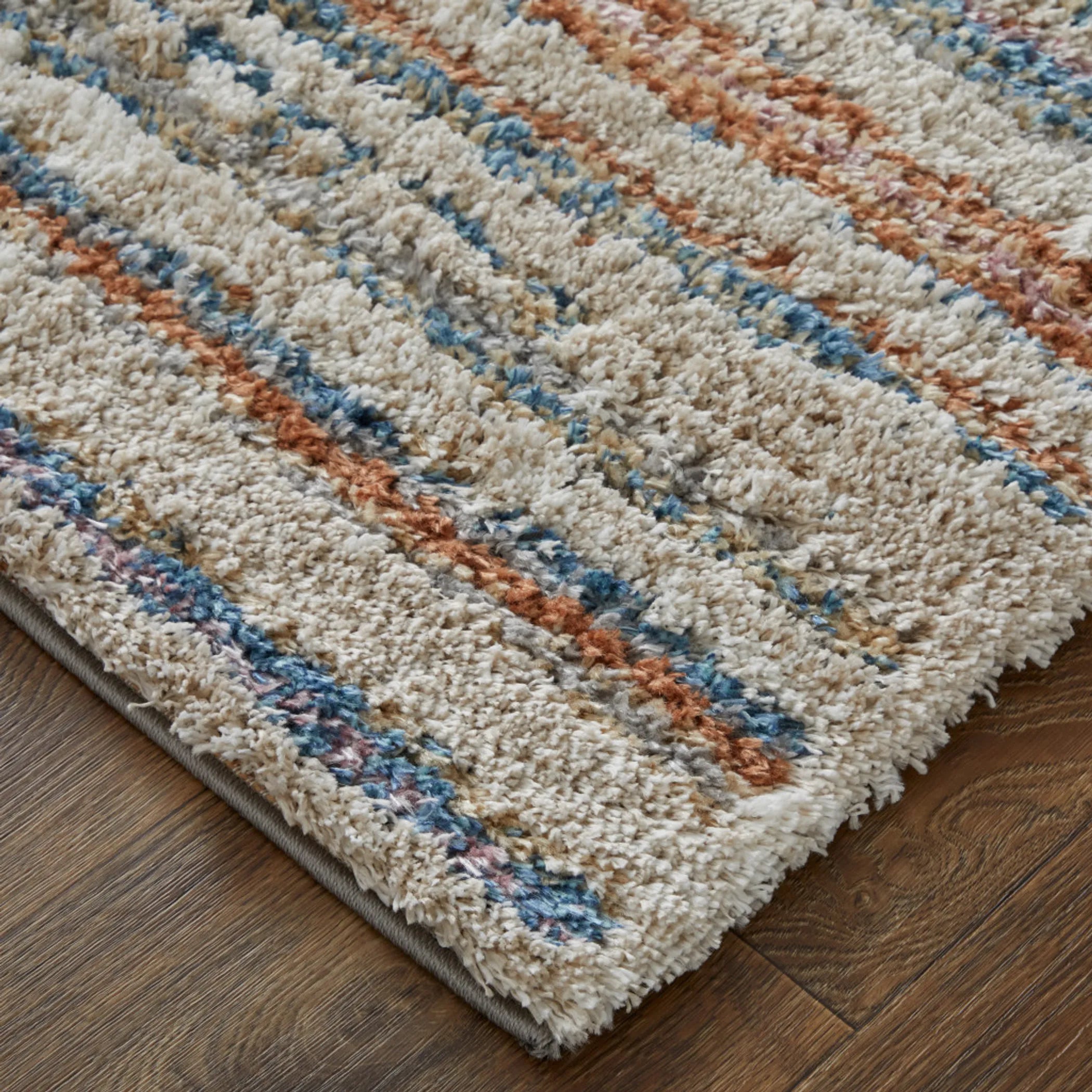 5′ X 8′ Ivory Blue And Orange Striped Power Loom Stain Resistant Area Rug — view 3