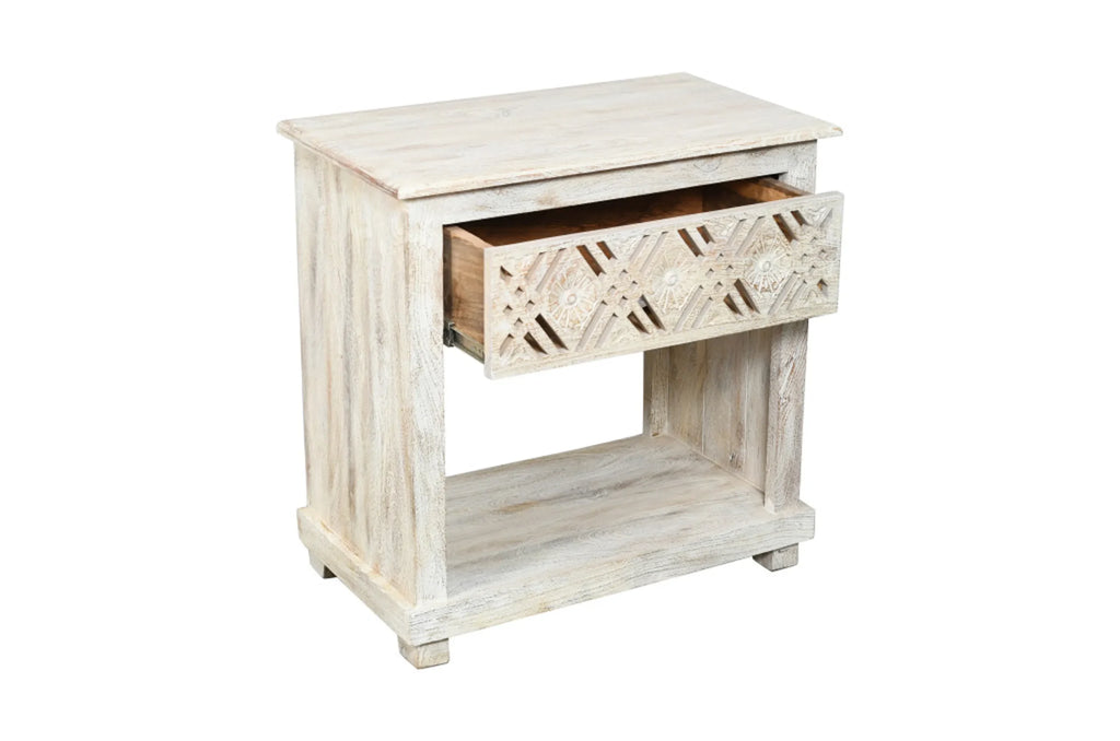 28″ White Distressed Carved Geometric Solid Wood Nightstand — view 4