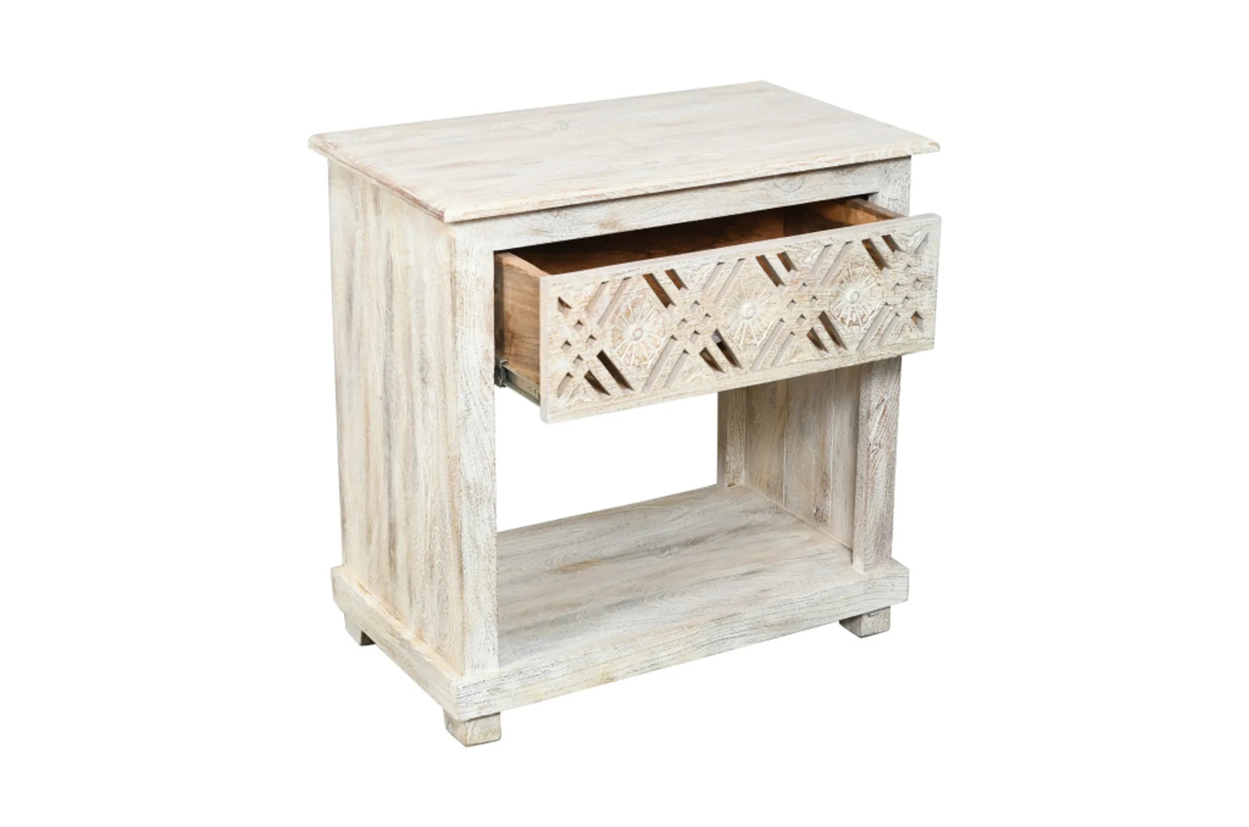 28″ White Distressed Carved Geometric Solid Wood Nightstand — view 4