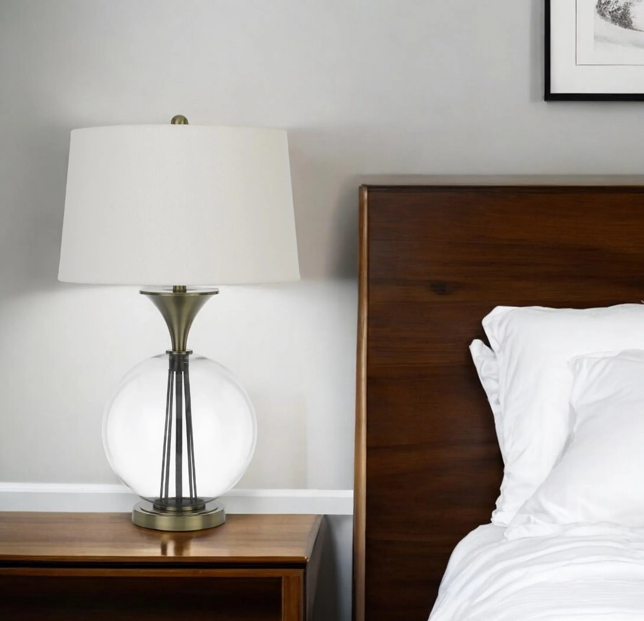 31″ Bronze Metal Globe Table Lamp With White Empire Shade