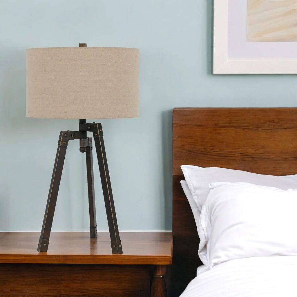 32″ Charcoal Metal Tripod Table Lamp With Tan Drum Shade