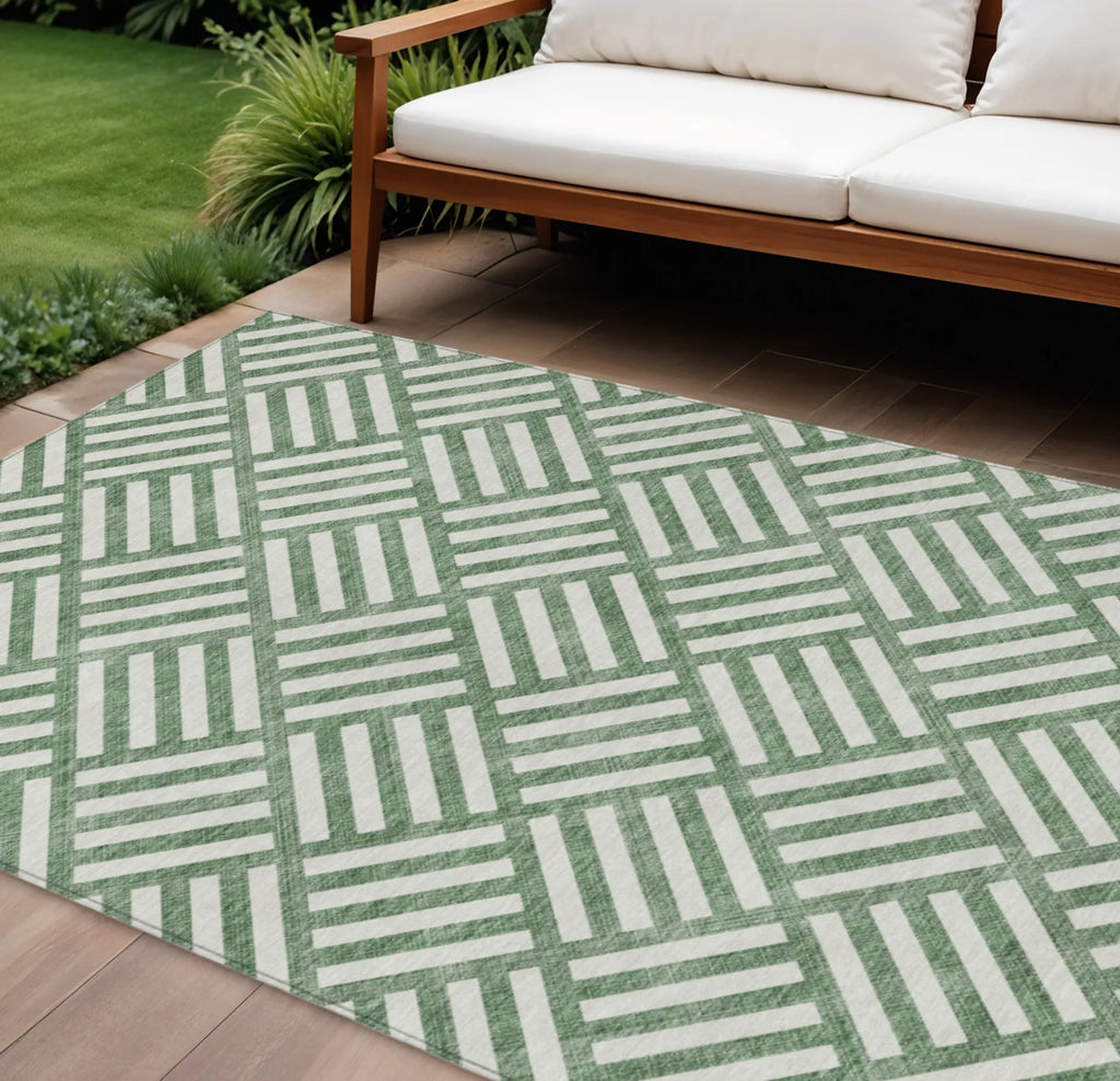 10′ X 14′ Green And Ivory Geometric Washable Indoor Outdoor Area Rug