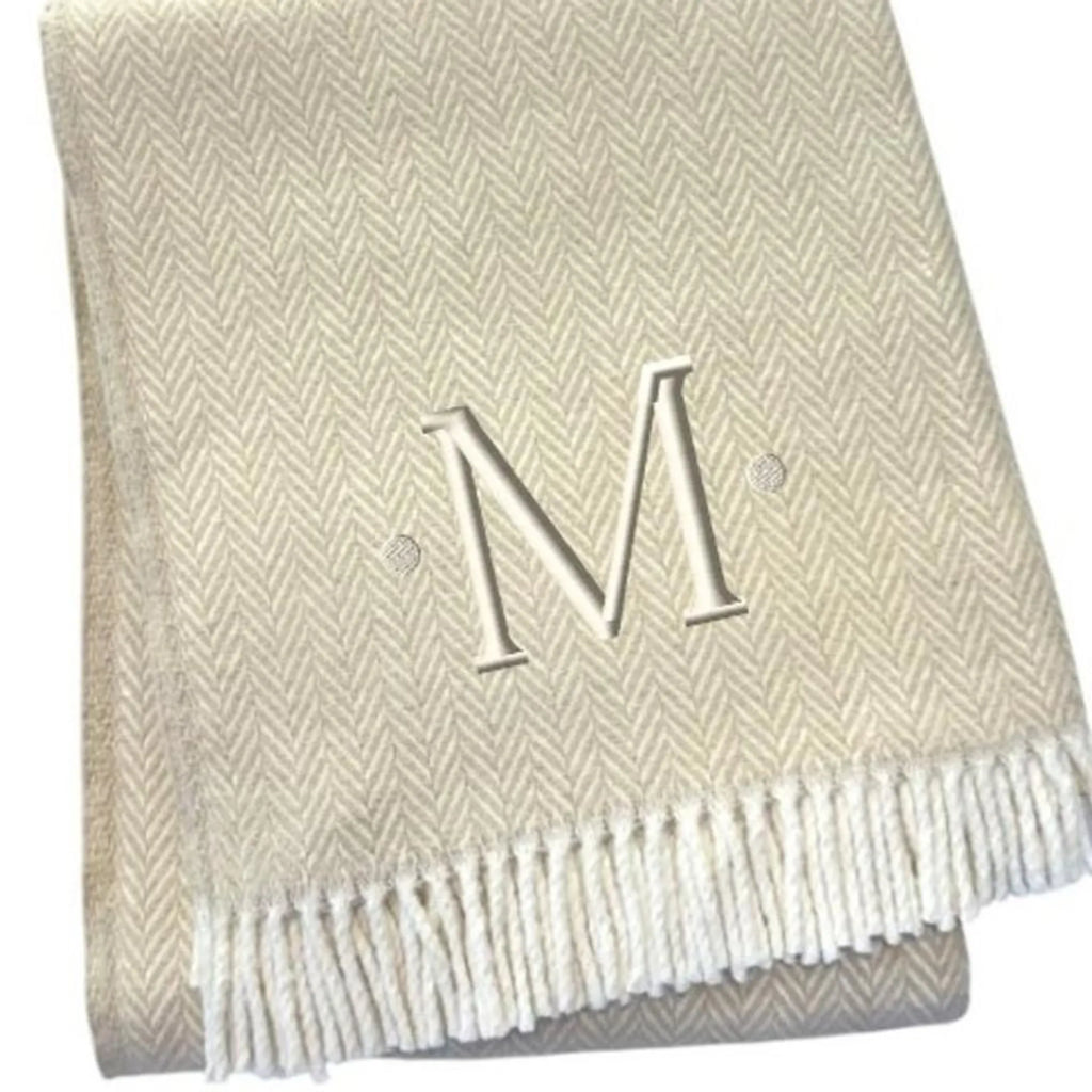 Herringbone Cotton Blend M Initial Throw Blanket with Tassels And Embroidery — view 4