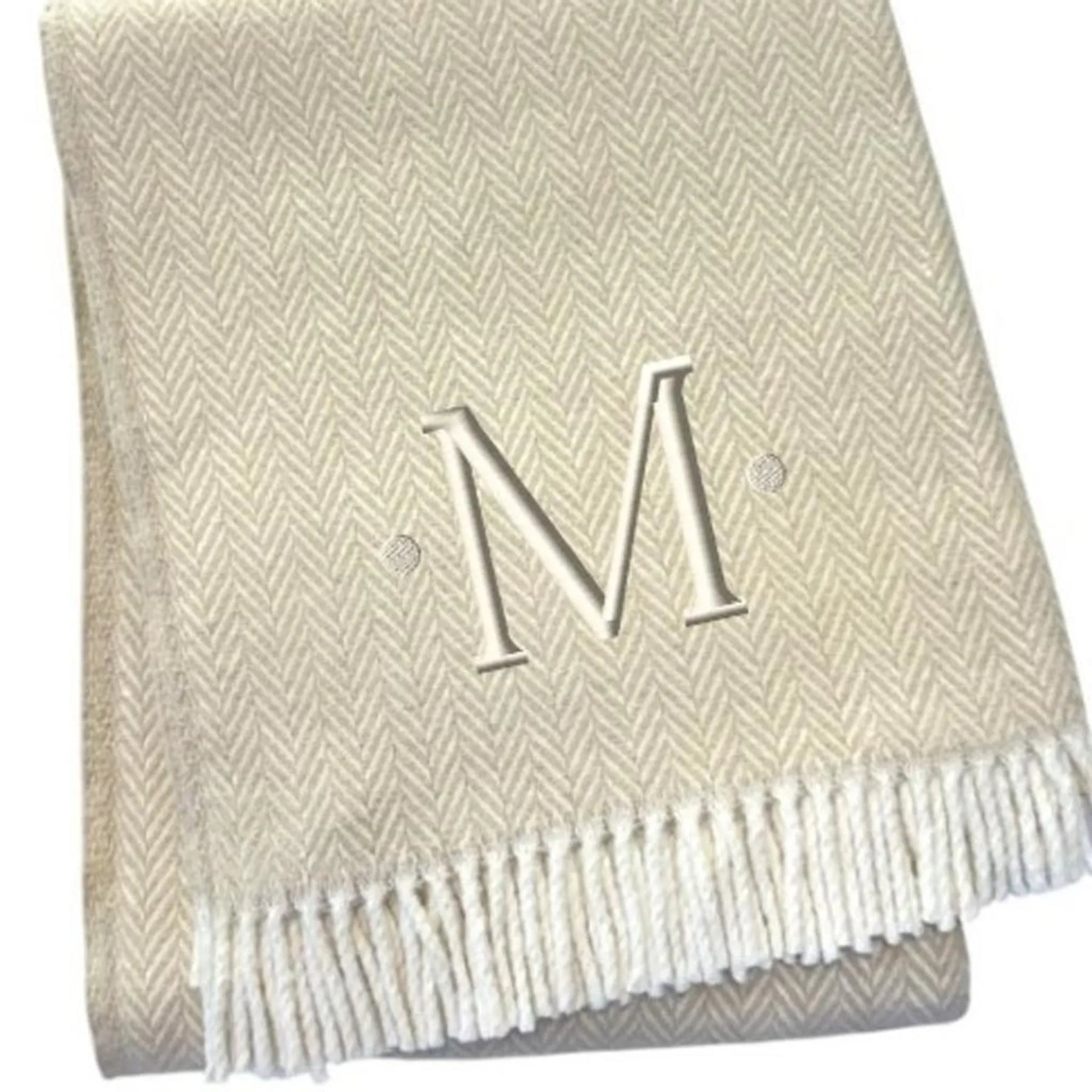 Herringbone Cotton Blend M Initial Throw Blanket with Tassels And Embroidery — view 4