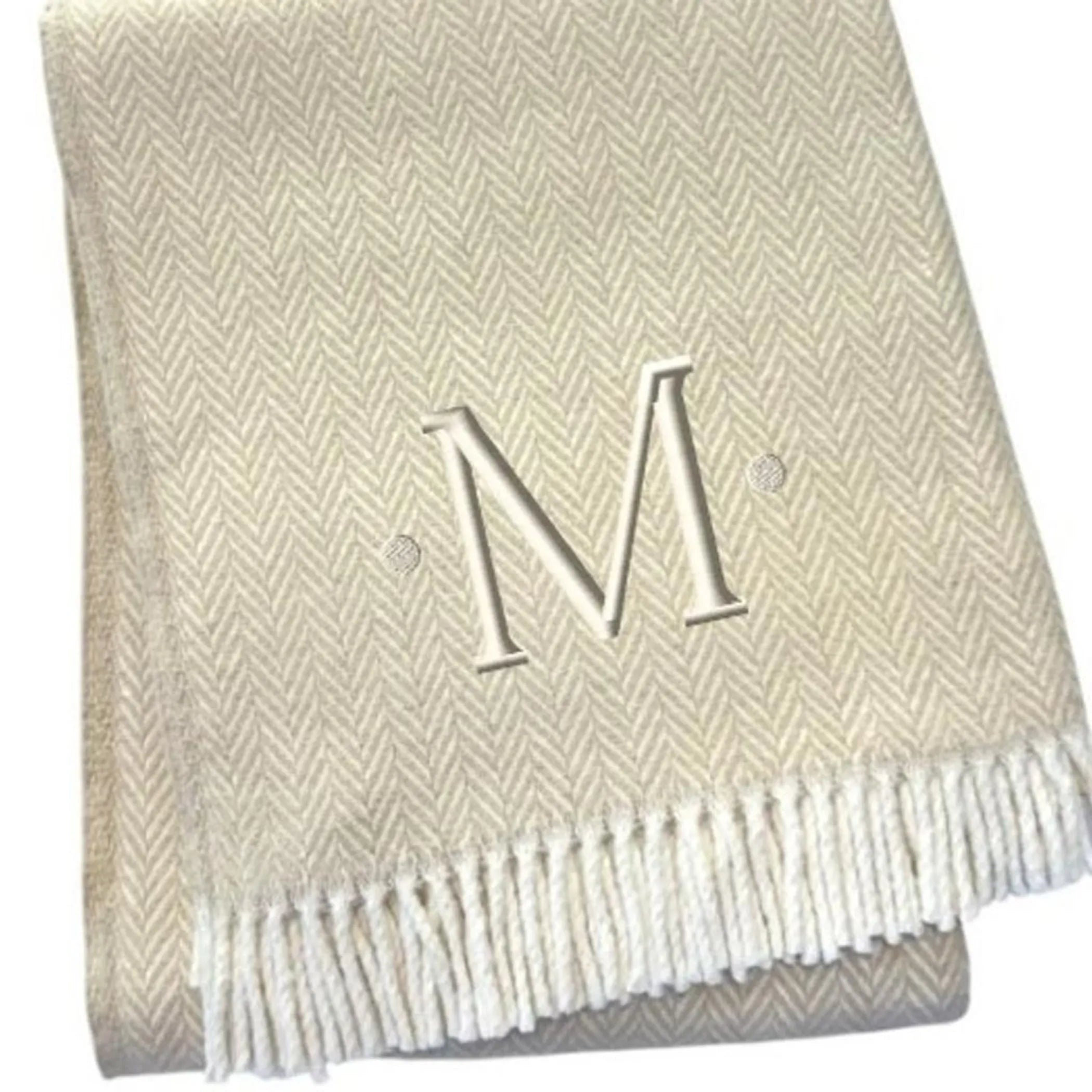 Herringbone Cotton Blend M Initial Throw Blanket with Tassels And Embroidery — view 4