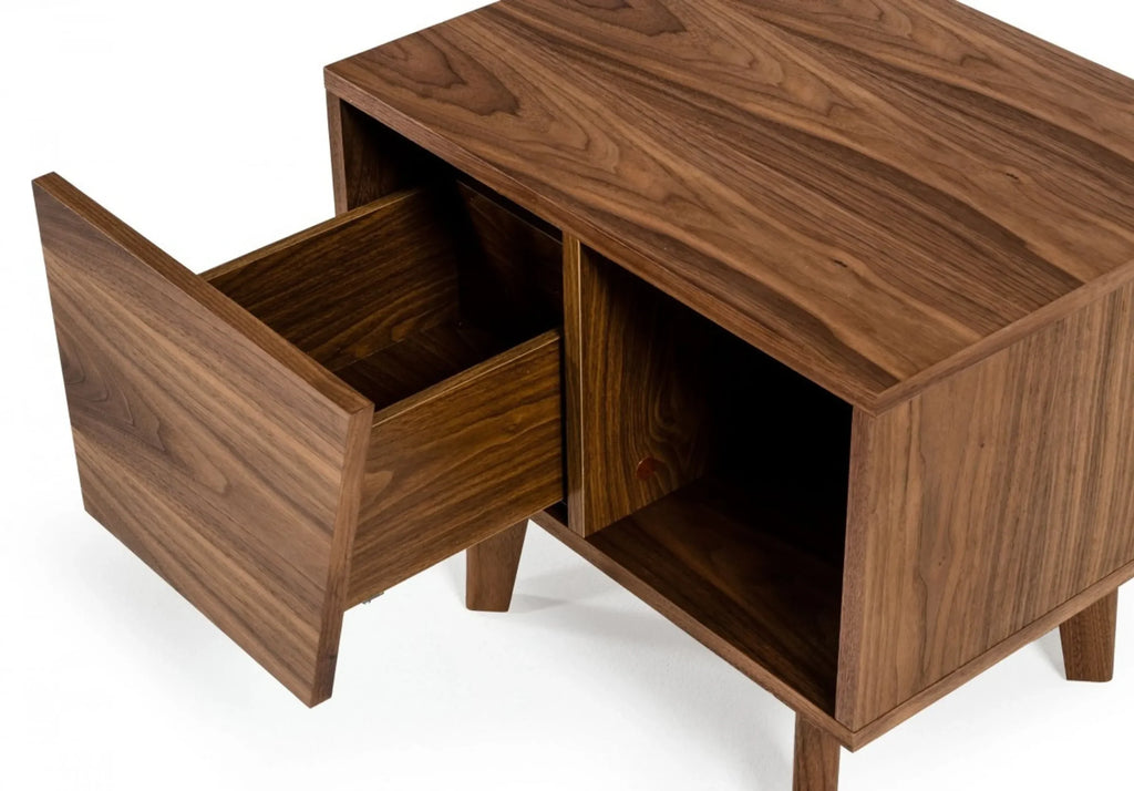 Mid Century Walnut Light Brown Nightstand with One Drawer and One Shelf — view 4