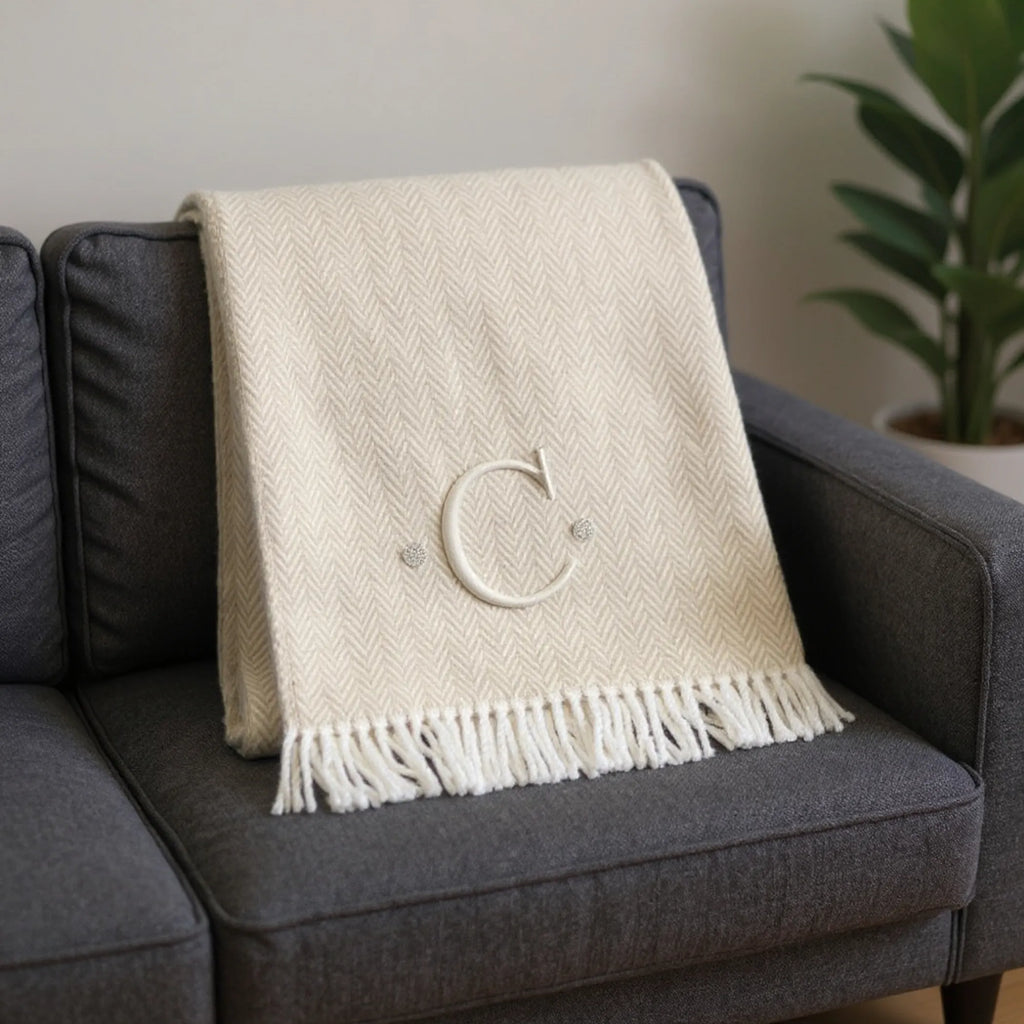 Herringbone Cotton Blend C Initial Throw Blanket with Tassels And Embroidery — view 2