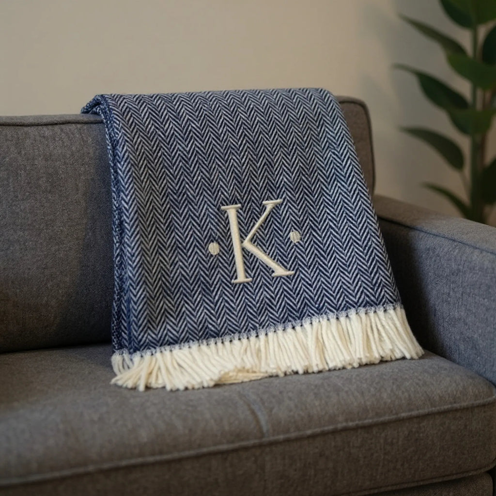 Herringbone Cotton Blend K Initial Throw Blanket with Tassels And Embroidery — view 2