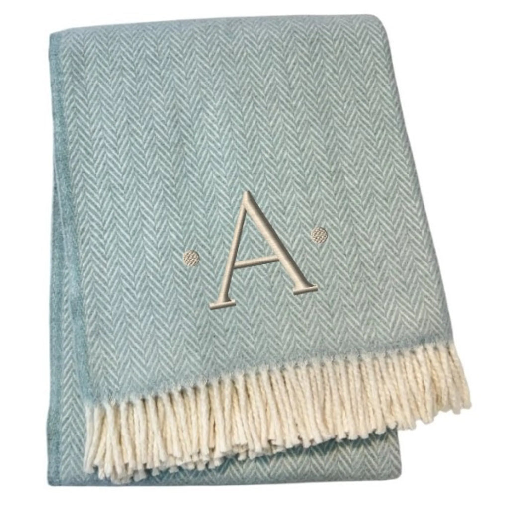 Herringbone Cotton Blend A Initial Throw Blanket with Tassels And Embroidery — view 3