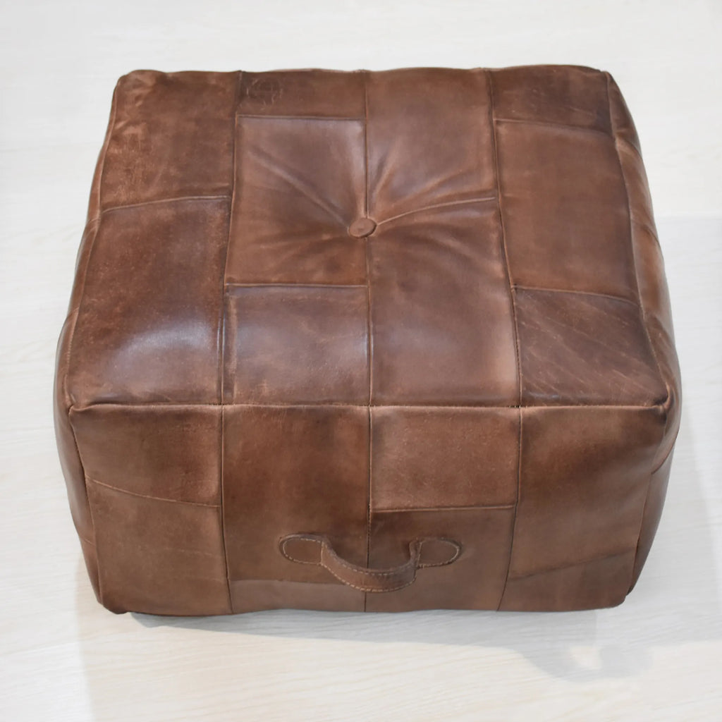 Solid Handmade Buffalo Leather Square Pouf (Recycled Foam with Fibre Fill) — view 3