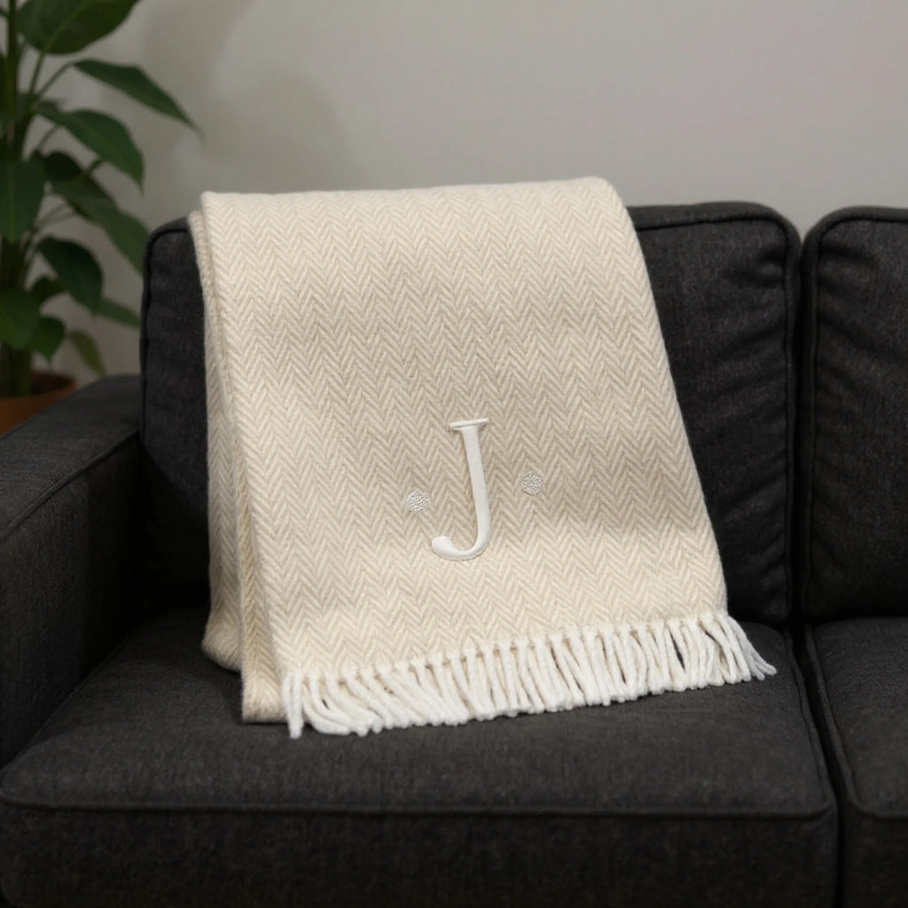 Herringbone Cotton Blend J Throw Blanket with Tassels And Embroidery — view 2