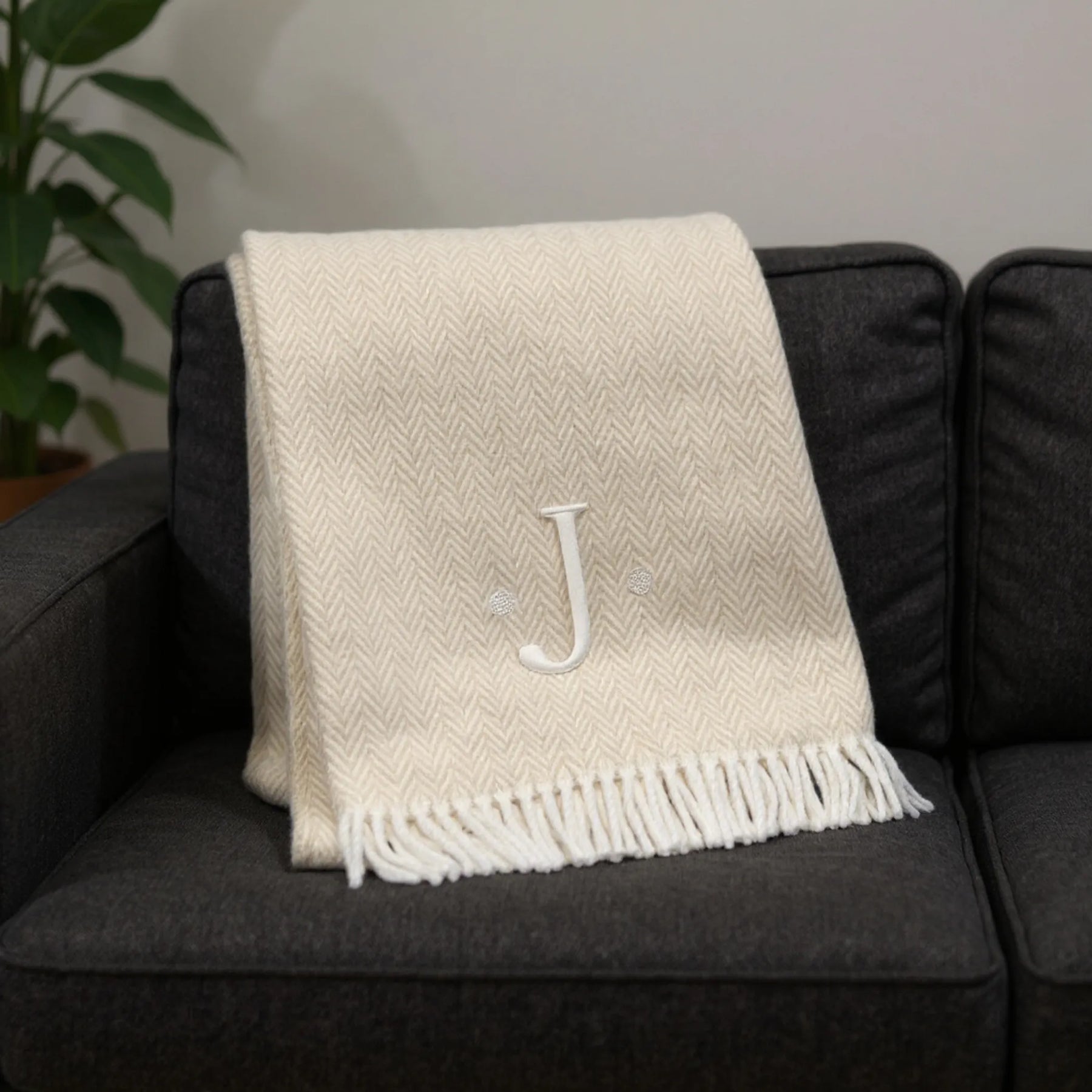 Herringbone Cotton Blend J Throw Blanket with Tassels And Embroidery — view 2