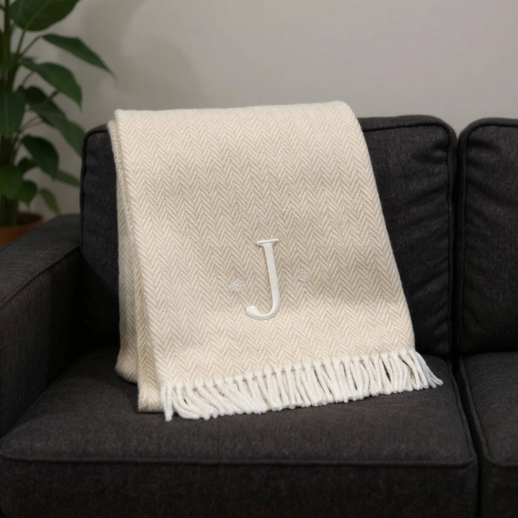 Herringbone Cotton Blend J Throw Blanket with Tassels And Embroidery — view 2