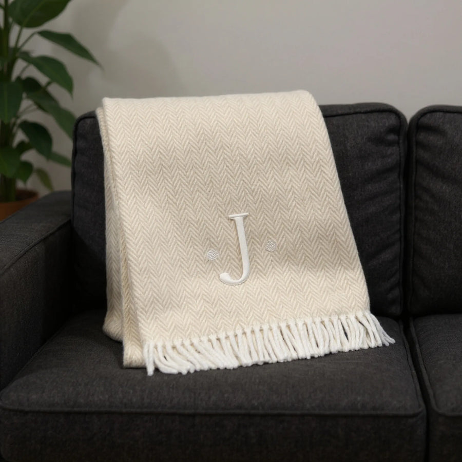 Herringbone Cotton Blend J Throw Blanket with Tassels And Embroidery — view 2