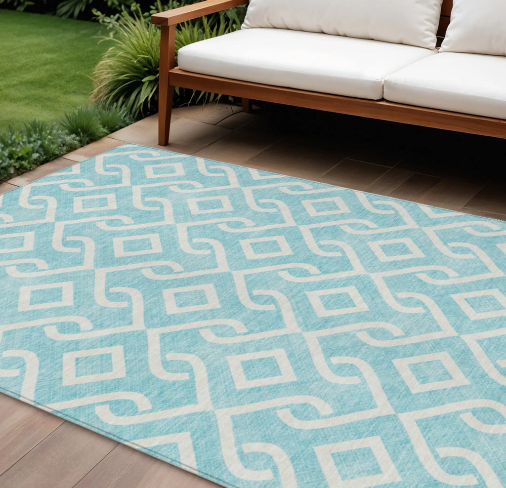 9′ X 12′ Aqua And Ivory Geometric Washable Indoor Outdoor Area Rug