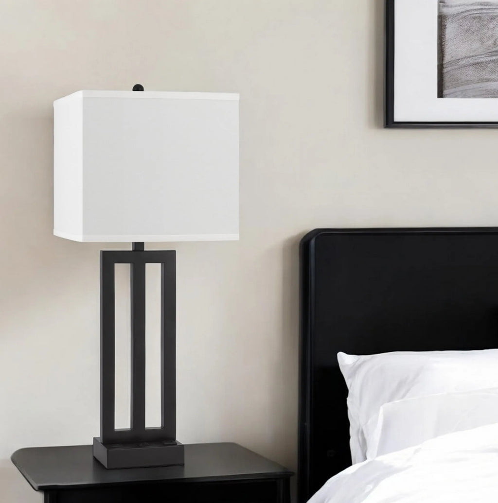 30″ Black Metal USB Table Lamp With White Shade