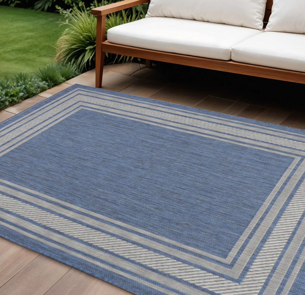 6′ X 9′ Denim Blue And Ivory Geometric Indoor Outdoor Area Rug