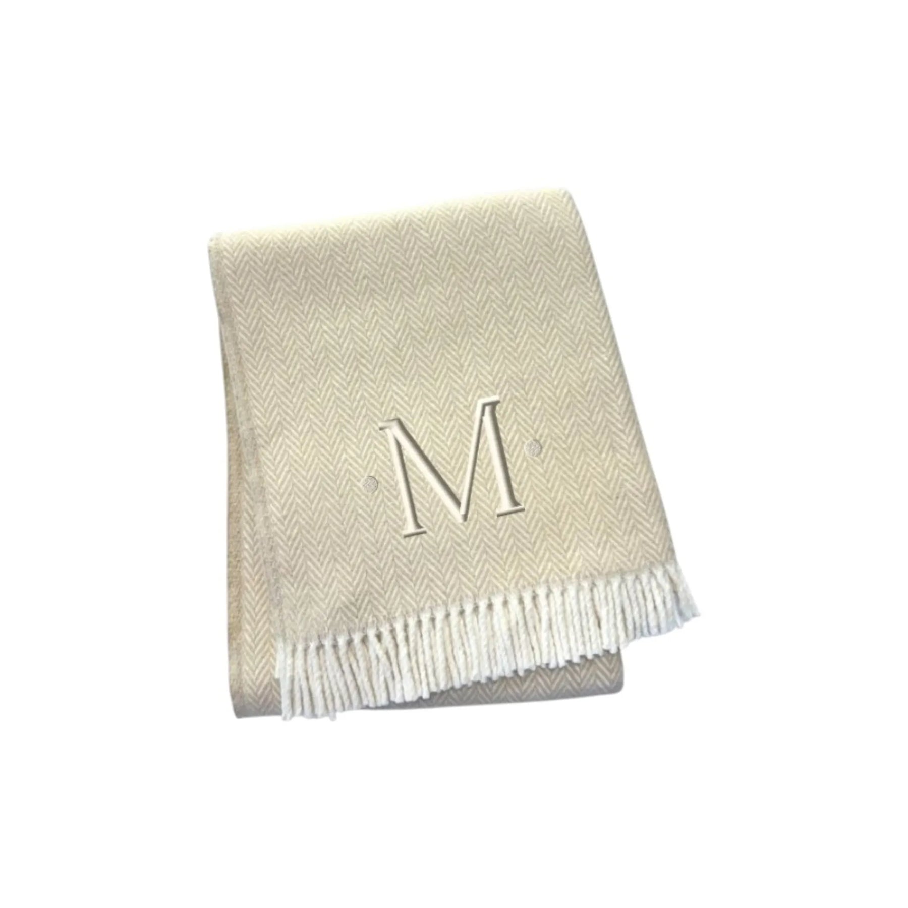 Herringbone Cotton Blend M Initial Throw Blanket with Tassels And Embroidery