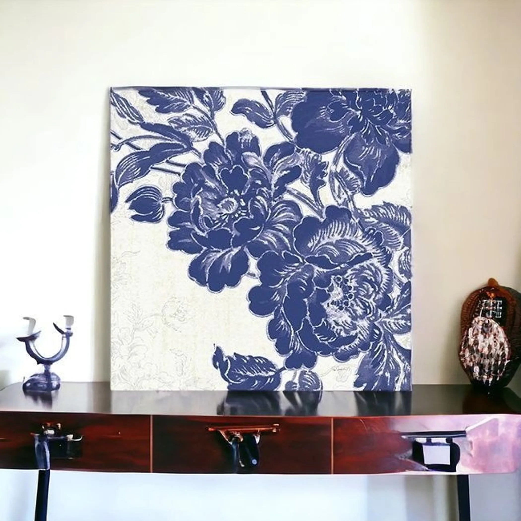 Blue Toile Rose Unframed Print Wall Art — view 3