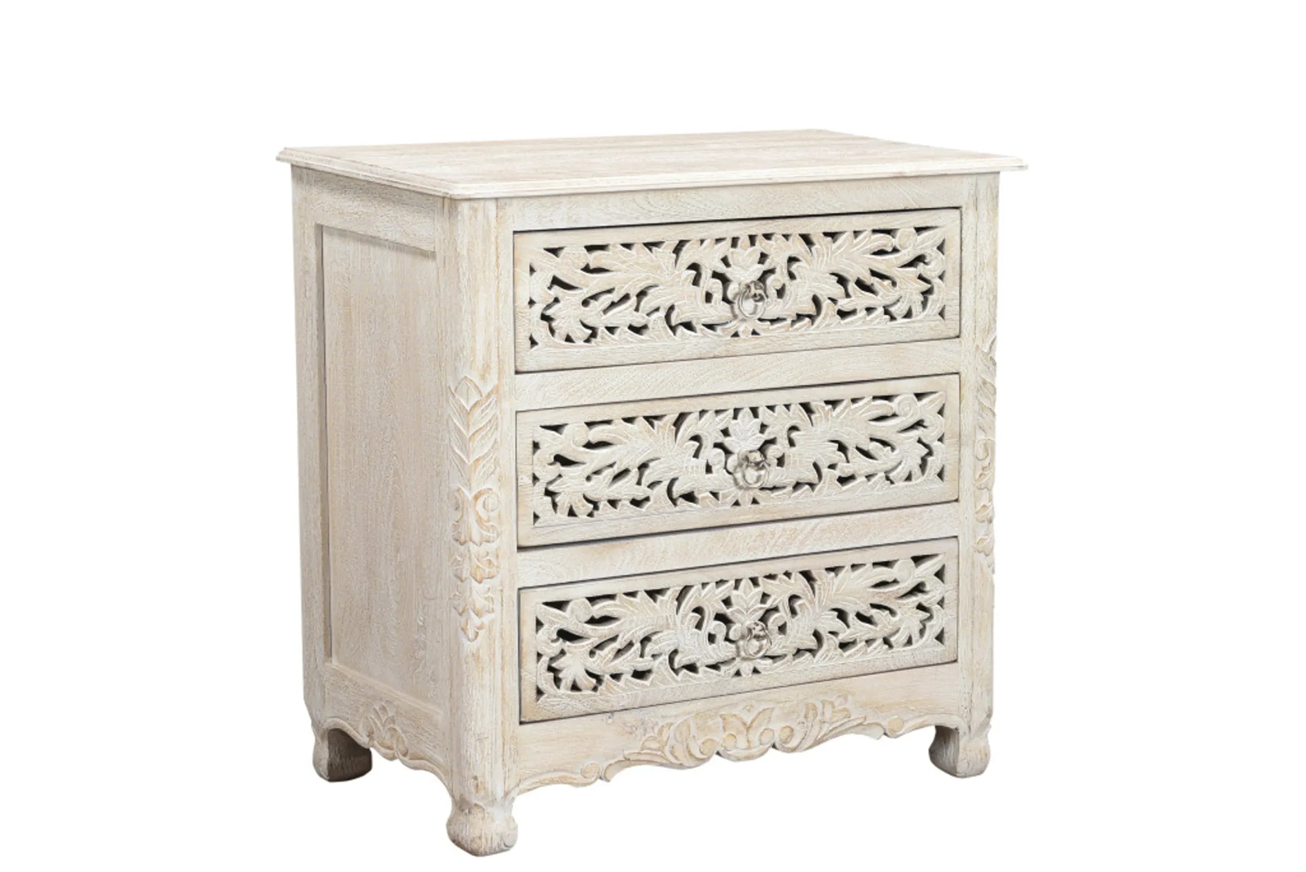 30″ White Solid Wood Distressed Three Drawer Nightstand