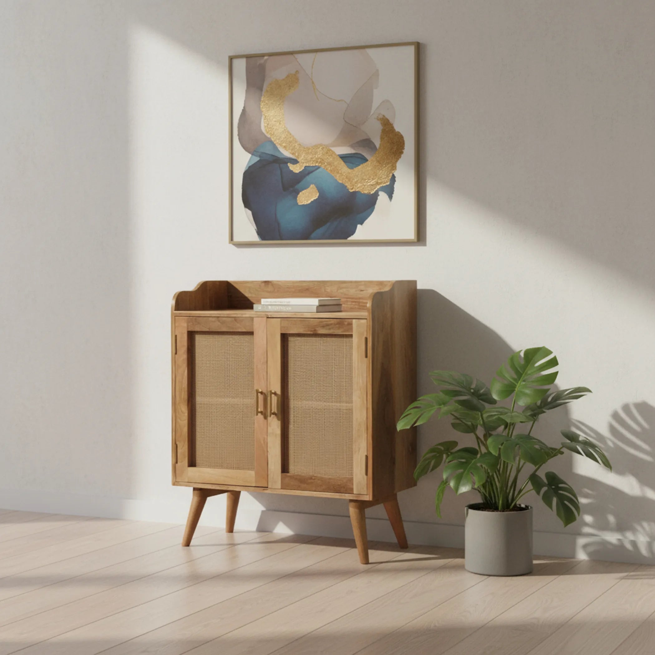 Distressed Solid Wood Inlaid Rattan Accent Cabinet With Two Doors — view 2
