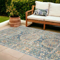 9′ X 12′ Blue and Orange Floral Medallion Stain Resistant Indoor Outdoor Area Rug