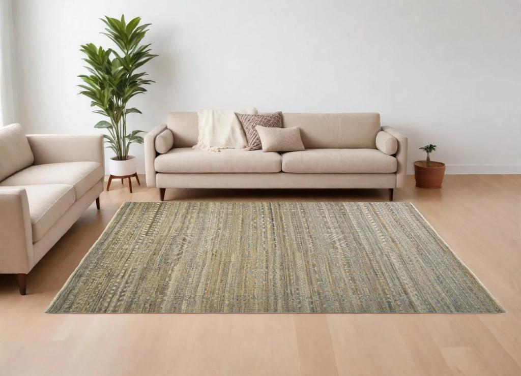 6′ X 9′ Gold and Tan Geometric Hand Knotted Worn Faded Area Rug — view 2